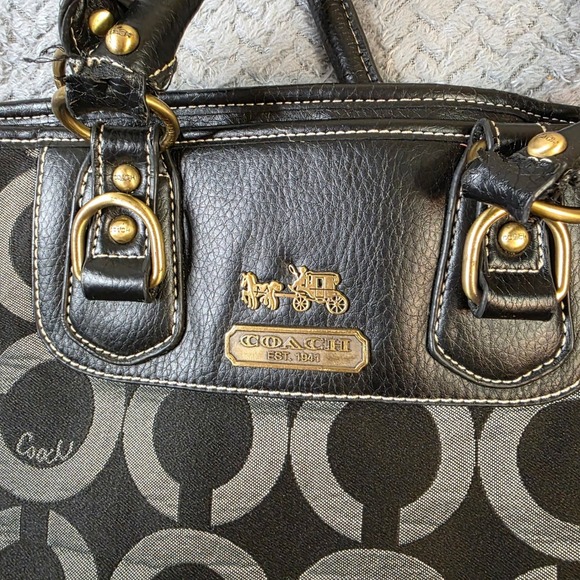 Coach Signature Op Art Satchel 12693 Black Gray Canvas Leather Handbag Purse - Picture 3 of 12